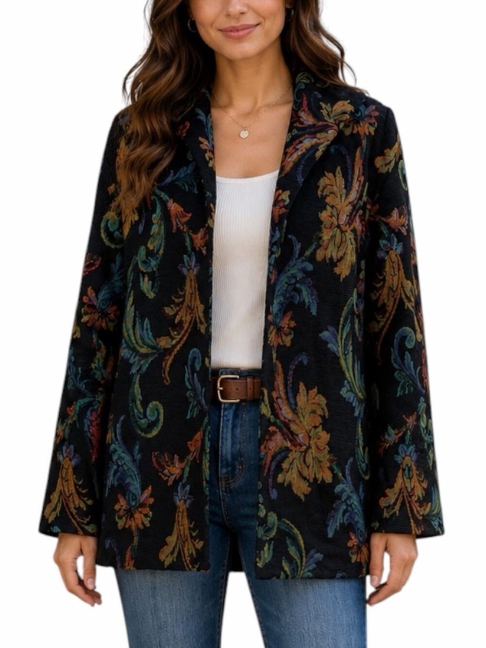 SHEGOS Floral Tapestry Jacket Size L Open Front Woven Scroll Pattern Black Multi